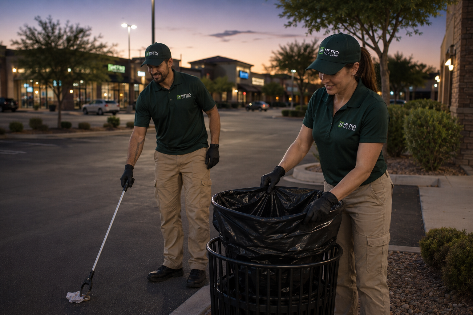 Metro Lot Care team in uniform servicing a commercial property at dusk