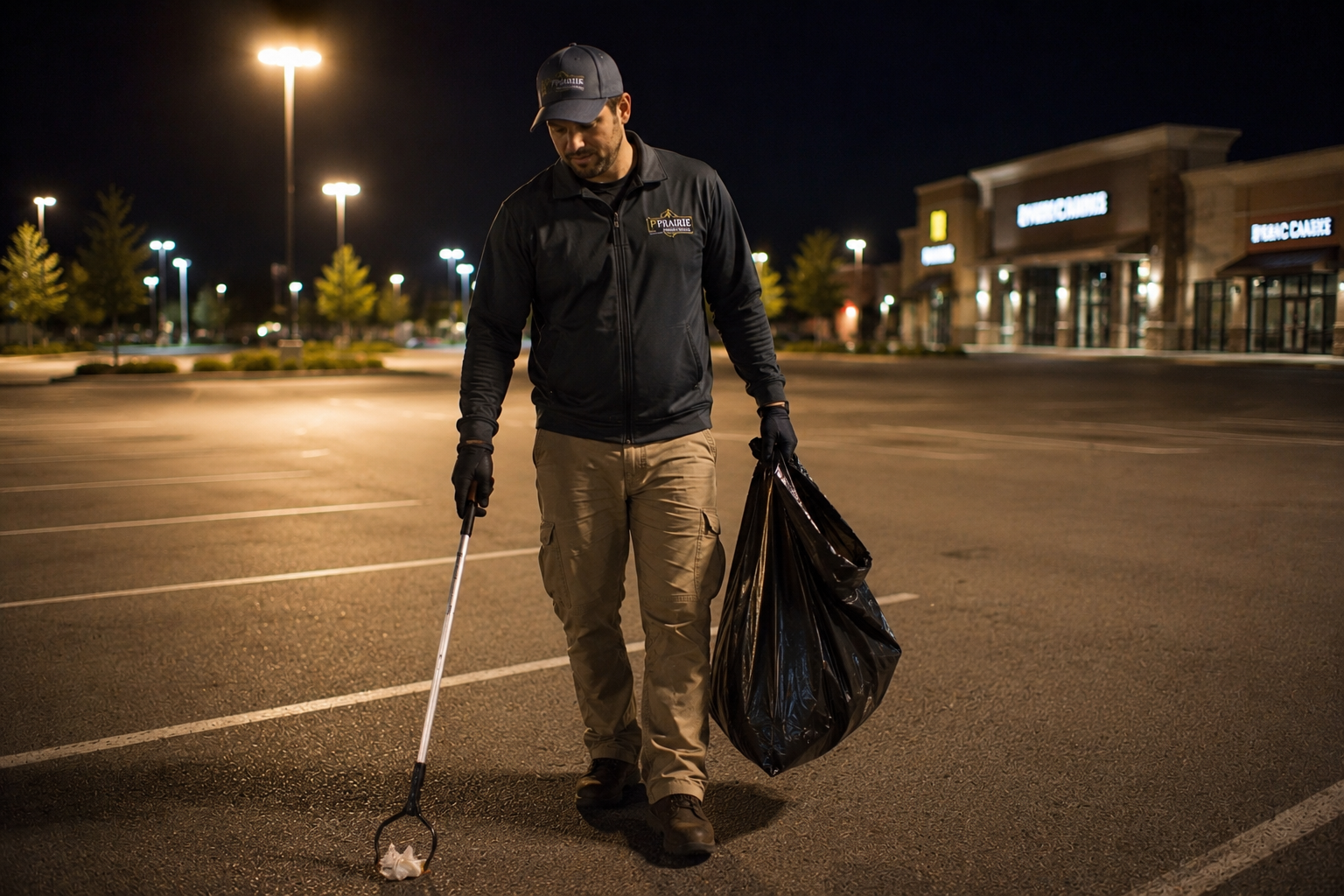 Metro Lot Care crew cleaning a commercial parking lot at night