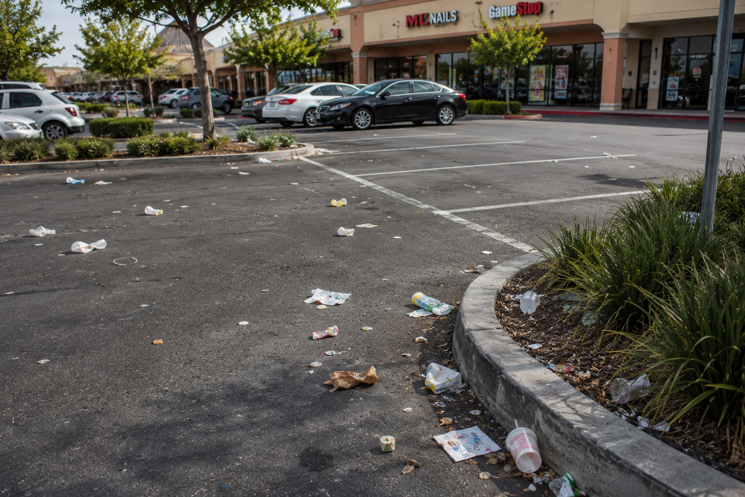 Commercial parking lot with litter scattered across the surface before Metro Lot Care cleanup