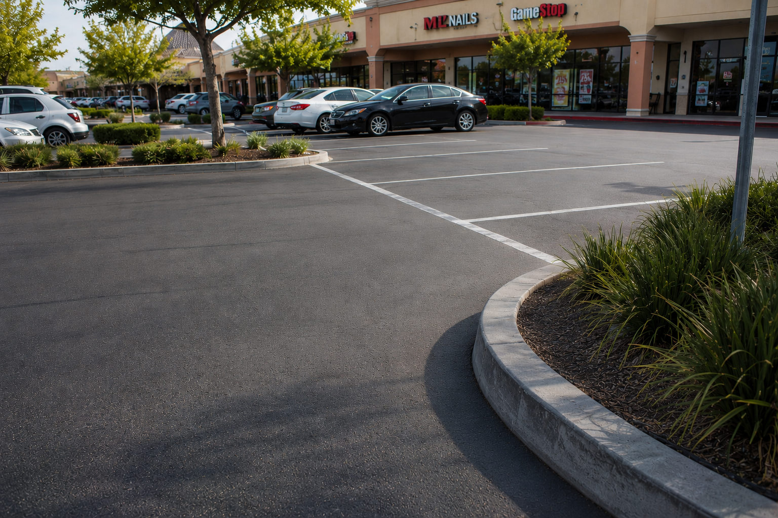 Clean commercial parking lot with zero litter after Metro Lot Care service
